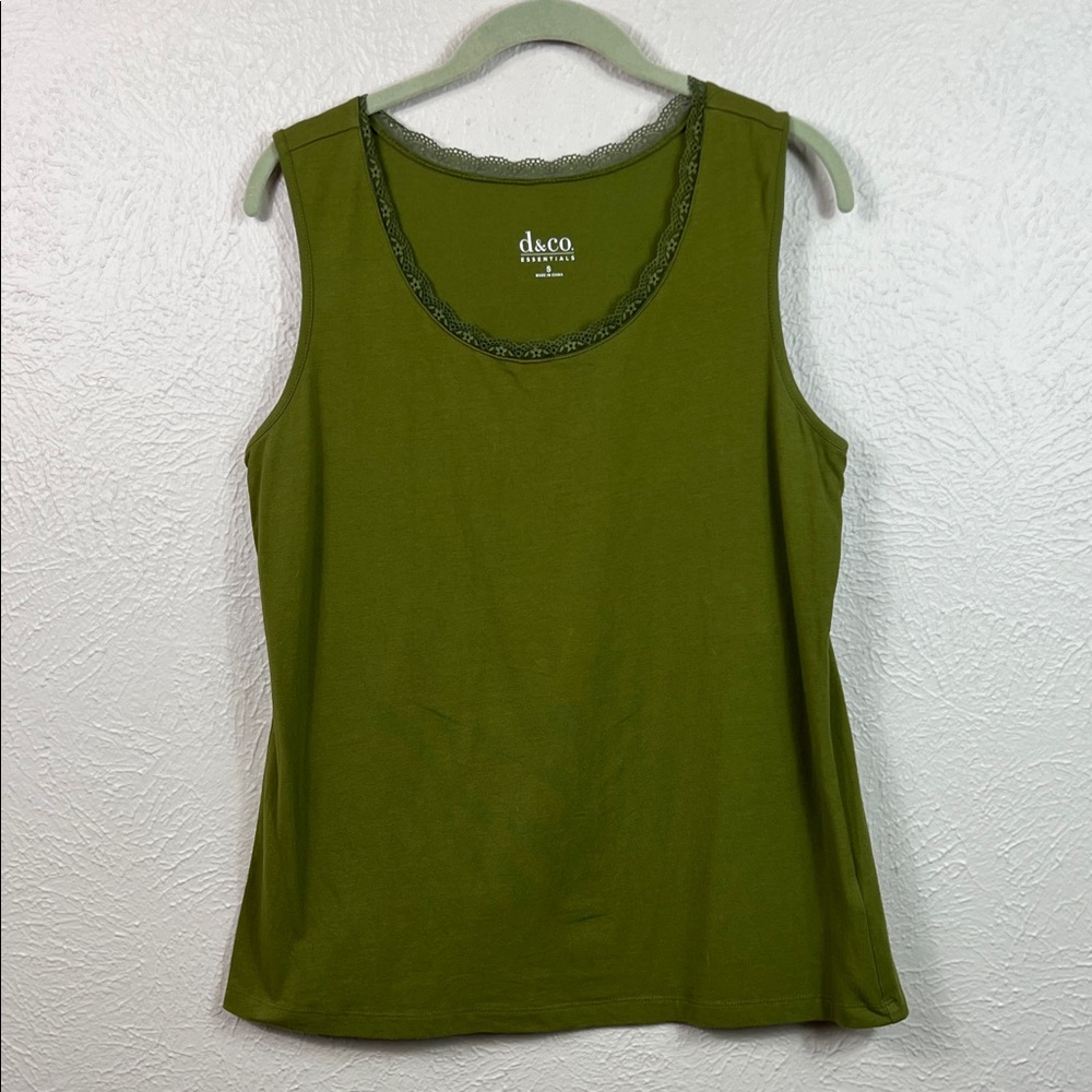 Denim & Co Essentials Olive Green Lace Neck Sleeveless Top Tank Small